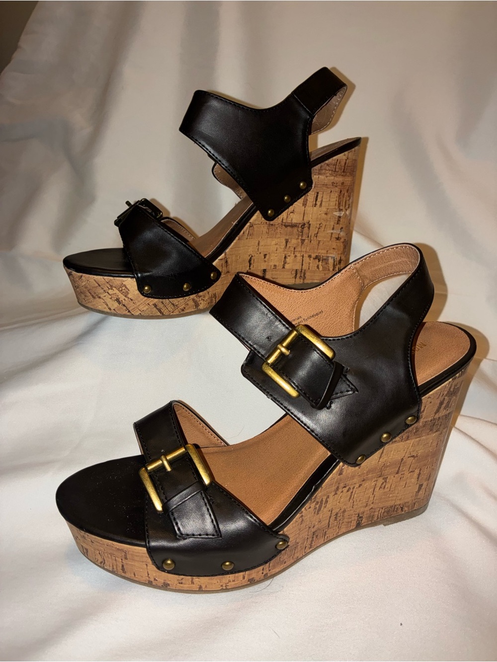 Mossimo Black Faux Leather Cork Platform Wedge Sandals Size 7 Studded Boho